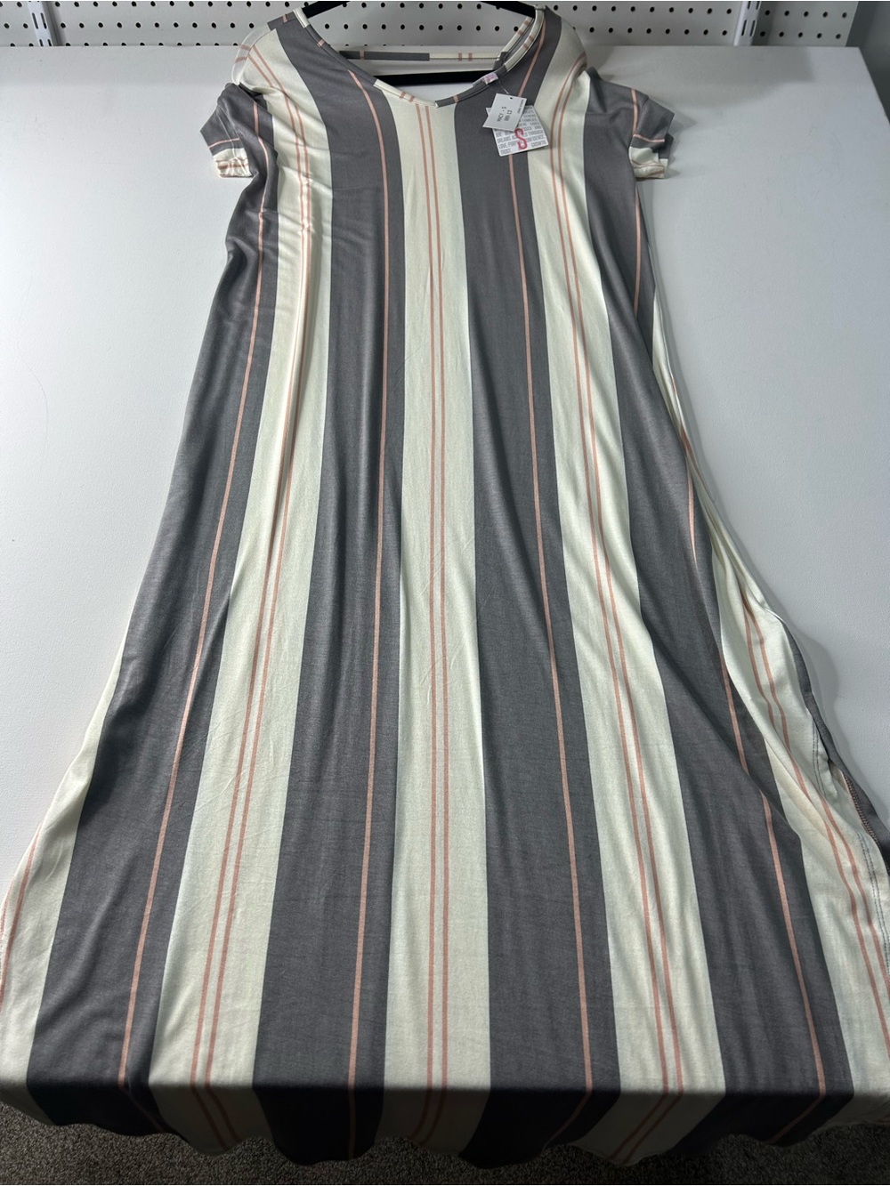 LuLaRoe V-Neck Maxi Dress in Gray, Cream and Pink Stripes